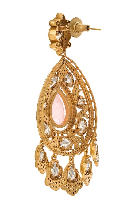 Shop Nazaakat By Samara Singh Pink Stones, Pearls Brass Necklace Earring Maangtika Set Shop_Nazaakat By Samara Singh_Pink Stones, Pearls Brass Necklace Earring Maangtika Set