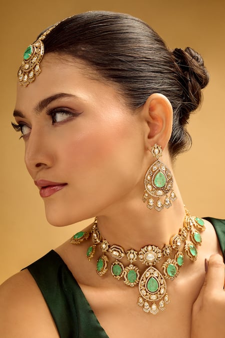 Nazaakat By Samara Singh Aqua Stones, Rhinestones Embellished Necklace Set at Aza Fashions Nazaakat By Samara Singh_Aqua Stones, Rhinestones Embellished Necklace Set _at_Aza_Fashions