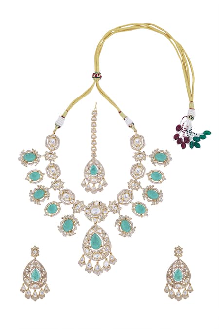Shop Nazaakat By Samara Singh Aqua Stones, Rhinestones Embellished Necklace Set at Aza Fashions Shop_Nazaakat By Samara Singh_Aqua Stones, Rhinestones Embellished Necklace Set _at_Aza_Fashions