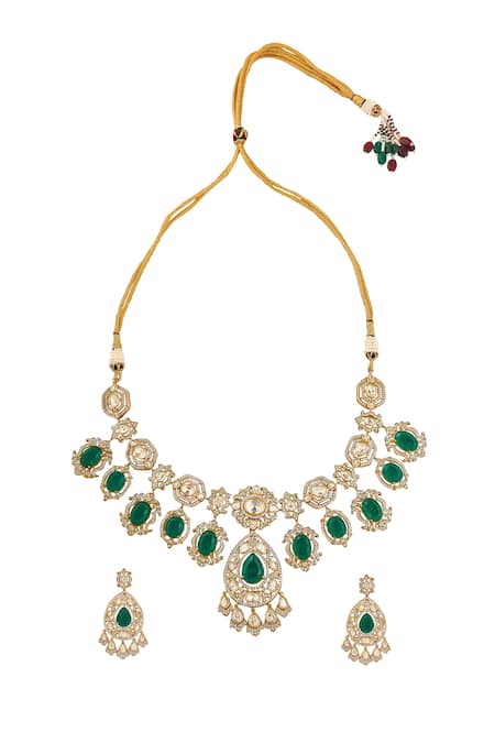 Shop_Nazaakat By Samara Singh_Green Dark Brass Jewellery Set _at_Aza_Fashions