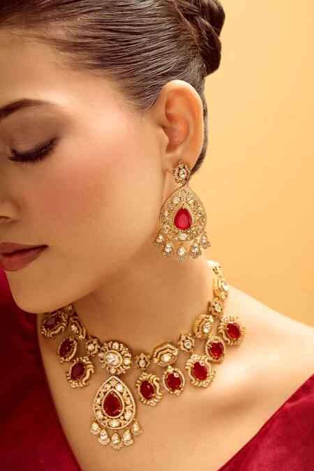 Shop Nazaakat By Samara Singh Red Stones Embellished Jewellery Set Shop_Nazaakat By Samara Singh_Red Stones Embellished Jewellery Set