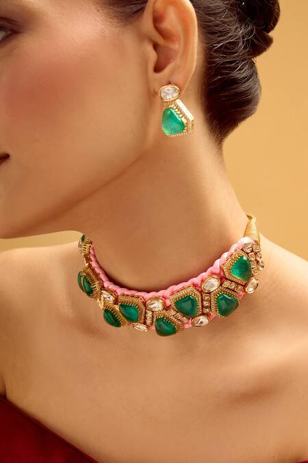 Nazaakat By Samara Singh Multi Color Stones Pink And Green Embellished Jewellery Set at Aza Fashions Nazaakat By Samara Singh_Multi Color Stones Pink And Green Embellished Jewellery Set _at_Aza_Fashions