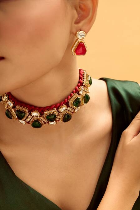 Buy Nazaakat By Samara Singh Red Stones And Green Brass Jewellery Set Buy_Nazaakat By Samara Singh_Red Stones And Green Brass Jewellery Set