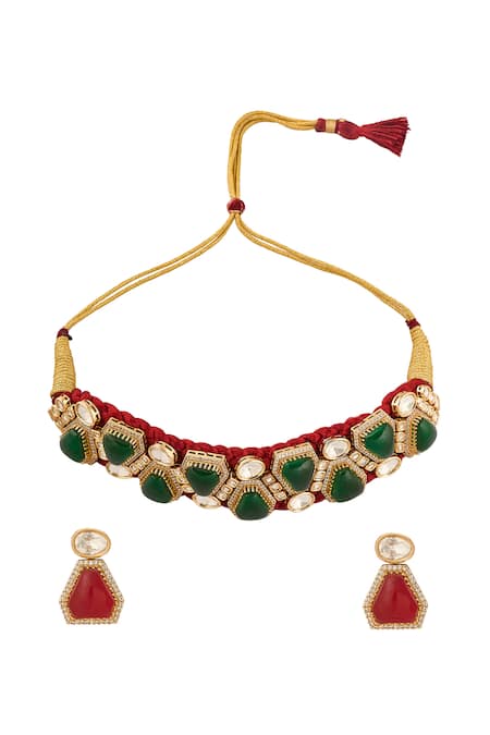 Shop Nazaakat By Samara Singh Red Stones And Green Brass Jewellery Set at Aza Fashions Shop_Nazaakat By Samara Singh_Red Stones And Green Brass Jewellery Set _at_Aza_Fashions
