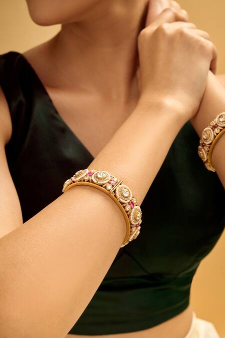 Shop Nazaakat By Samara Singh Gold Plated Rhinestones Ruby And Embellished Bangles Online at Aza Fashions Shop_Nazaakat By Samara Singh_Gold Plated Rhinestones Ruby And Embellished Bangles _Online_at_Aza_Fashions