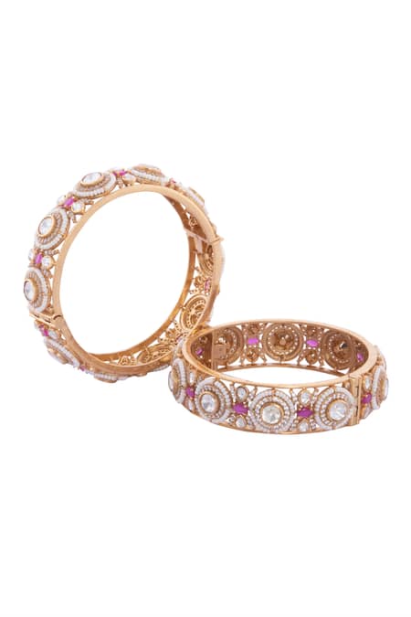 Shop Nazaakat By Samara Singh Gold Plated Rhinestones Ruby And Embellished Bangles at Aza Fashions Shop_Nazaakat By Samara Singh_Gold Plated Rhinestones Ruby And Embellished Bangles _at_Aza_Fashions