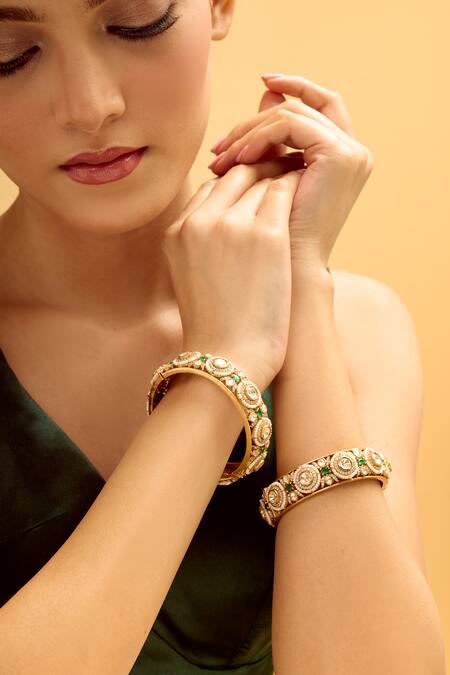 Shop Nazaakat By Samara Singh Green Gold Embellished Bangle Set Online at Aza Fashions Shop_Nazaakat By Samara Singh_Green Gold Embellished Bangle Set _Online_at_Aza_Fashions