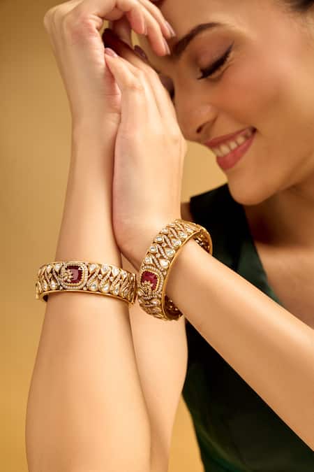 Buy_Nazaakat By Samara Singh_Red Stones, Pearls Ruby And Gold Embellished Bangles _Online_at_Aza_Fashions