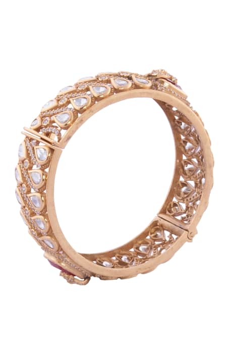 Shop_Nazaakat By Samara Singh_Red Stones, Pearls Ruby And Gold Embellished Bangles _Online_at_Aza_Fashions