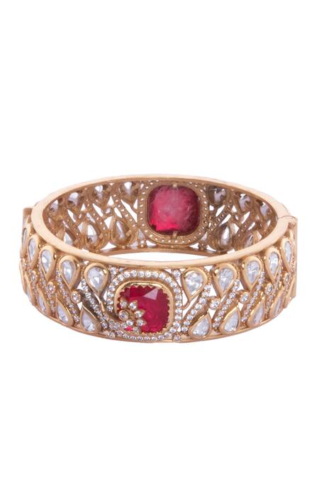 Nazaakat By Samara Singh_Red Stones, Pearls Ruby And Gold Embellished Bangles _at_Aza_Fashions