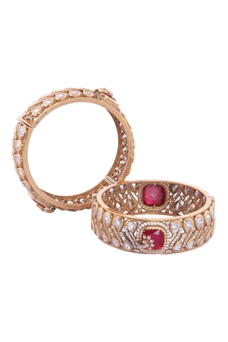 Shop_Nazaakat By Samara Singh_Red Stones, Pearls Ruby And Gold Embellished Bangles _at_Aza_Fashions