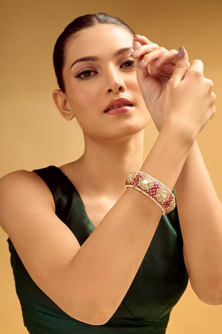 Nazaakat By Samara Singh Red Rhinestones Ruby And Gold Embellished Bangle at Aza Fashions Nazaakat By Samara Singh_Red Rhinestones Ruby And Gold Embellished Bangle _at_Aza_Fashions