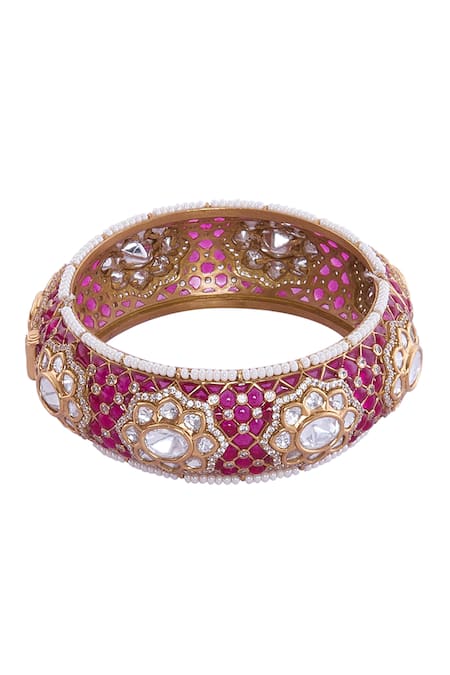 Shop Nazaakat By Samara Singh Red Rhinestones Ruby And Gold Embellished Bangle at Aza Fashions Shop_Nazaakat By Samara Singh_Red Rhinestones Ruby And Gold Embellished Bangle _at_Aza_Fashions