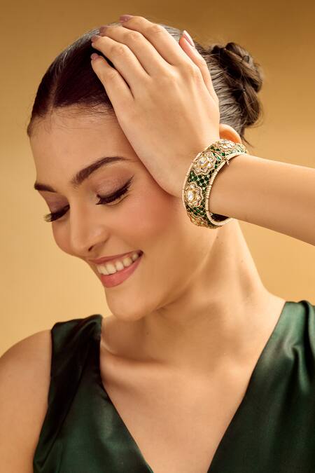 Nazaakat By Samara Singh Green Rhinestones And Gold Embellished Bangle Online at Aza Fashions Nazaakat By Samara Singh_Green Rhinestones And Gold Embellished Bangle _Online_at_Aza_Fashions