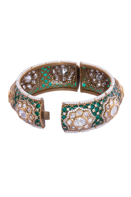Shop Nazaakat By Samara Singh Green Rhinestones And Gold Embellished Bangle Online at Aza Fashions Shop_Nazaakat By Samara Singh_Green Rhinestones And Gold Embellished Bangle _Online_at_Aza_Fashions