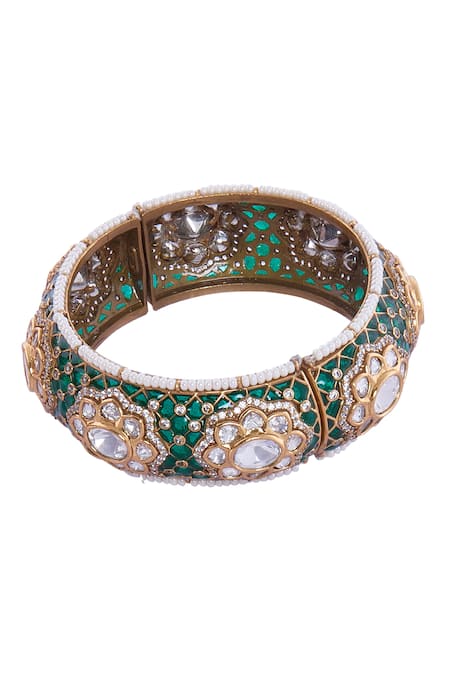 Shop Nazaakat By Samara Singh Green Rhinestones And Gold Embellished Bangle at Aza Fashions Shop_Nazaakat By Samara Singh_Green Rhinestones And Gold Embellished Bangle _at_Aza_Fashions