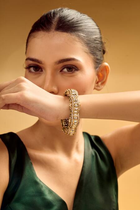 Nazaakat By Samara Singh Green Rhinestones And Gold Embellished Bangle Online at Aza Fashions Nazaakat By Samara Singh_Green Rhinestones And Gold Embellished Bangle _Online_at_Aza_Fashions