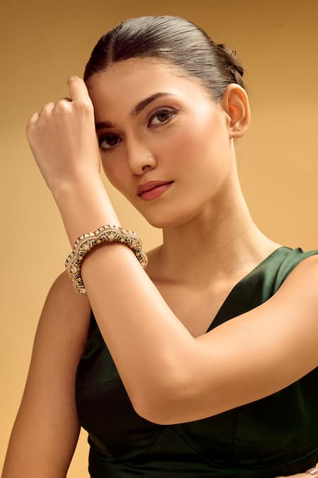 Shop Nazaakat By Samara Singh Green Rhinestones And Gold Embellished Bangle Online at Aza Fashions Shop_Nazaakat By Samara Singh_Green Rhinestones And Gold Embellished Bangle _Online_at_Aza_Fashions