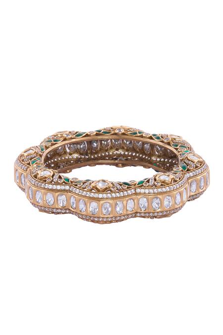 Shop Nazaakat By Samara Singh Green Rhinestones And Gold Embellished Bangle at Aza Fashions Shop_Nazaakat By Samara Singh_Green Rhinestones And Gold Embellished Bangle _at_Aza_Fashions