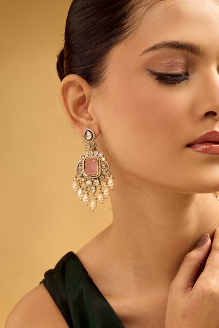 Buy_Nazaakat By Samara Singh_Pink Pearls, Stones And Gold Dangler Earrings _Online_at_Aza_Fashions