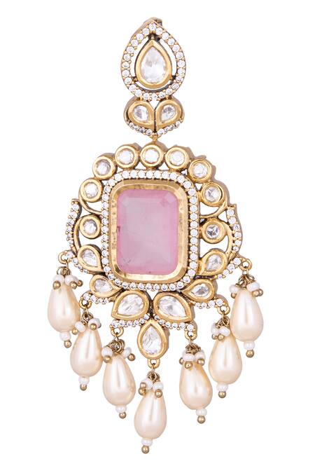 Shop_Nazaakat By Samara Singh_Pink Pearls, Stones And Gold Dangler Earrings _Online_at_Aza_Fashions