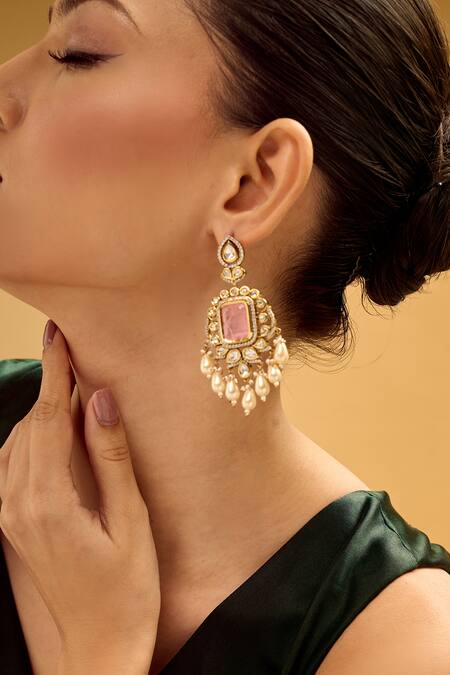 Nazaakat By Samara Singh_Pink Pearls, Stones And Gold Dangler Earrings _at_Aza_Fashions