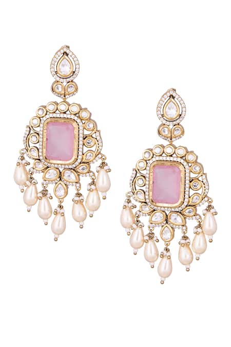 Shop_Nazaakat By Samara Singh_Pink Pearls, Stones And Gold Dangler Earrings _at_Aza_Fashions
