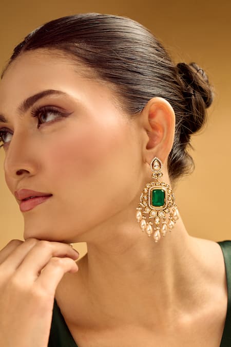 Shop Nazaakat By Samara Singh Green Stones, Pearls Emerald And Gold Dangler Earrings Online at Aza Fashions Shop_Nazaakat By Samara Singh_Green Stones, Pearls Emerald And Gold Dangler Earrings _Online_at_Aza_Fashions