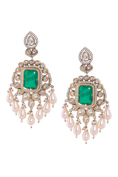 Shop Nazaakat By Samara Singh Green Stones, Pearls Emerald And Gold Dangler Earrings at Aza Fashions Shop_Nazaakat By Samara Singh_Green Stones, Pearls Emerald And Gold Dangler Earrings _at_Aza_Fashions