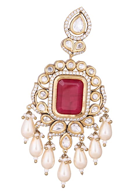 Nazaakat By Samara Singh Red Stones, Pearls And Gold Dangler Earrings at Aza Fashions Nazaakat By Samara Singh_Red Stones, Pearls And Gold Dangler Earrings _at_Aza_Fashions