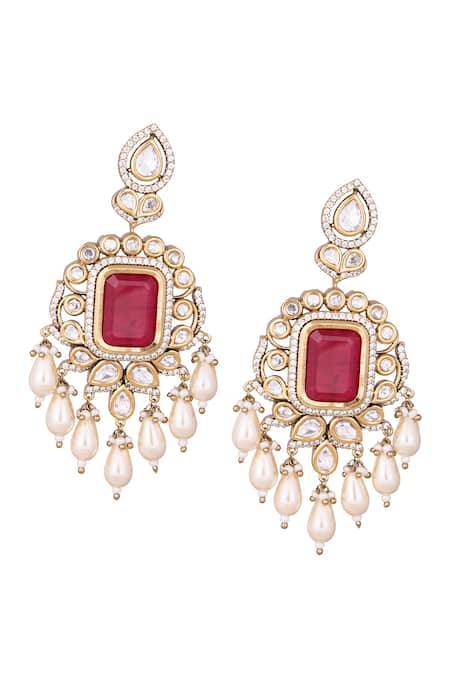 Shop Nazaakat By Samara Singh Red Stones, Pearls And Gold Dangler Earrings at Aza Fashions Shop_Nazaakat By Samara Singh_Red Stones, Pearls And Gold Dangler Earrings _at_Aza_Fashions