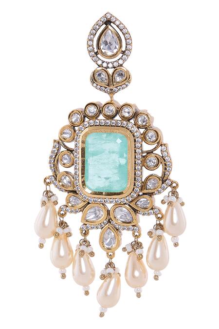 Shop Nazaakat By Samara Singh Mint Stones, Pearls And Gold Dangler Earrings Online at Aza Fashions Shop_Nazaakat By Samara Singh_Mint Stones, Pearls And Gold Dangler Earrings _Online_at_Aza_Fashions