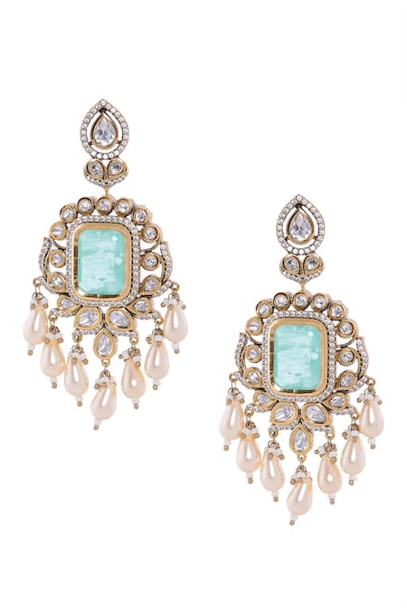 Shop Nazaakat By Samara Singh Mint Stones, Pearls And Gold Dangler Earrings at Aza Fashions Shop_Nazaakat By Samara Singh_Mint Stones, Pearls And Gold Dangler Earrings _at_Aza_Fashions