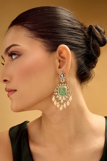 Nazaakat By Samara Singh Mint Stones, Pearls And Gold Dangler Earrings at Aza Fashions Nazaakat By Samara Singh_Mint Stones, Pearls And Gold Dangler Earrings _at_Aza_Fashions