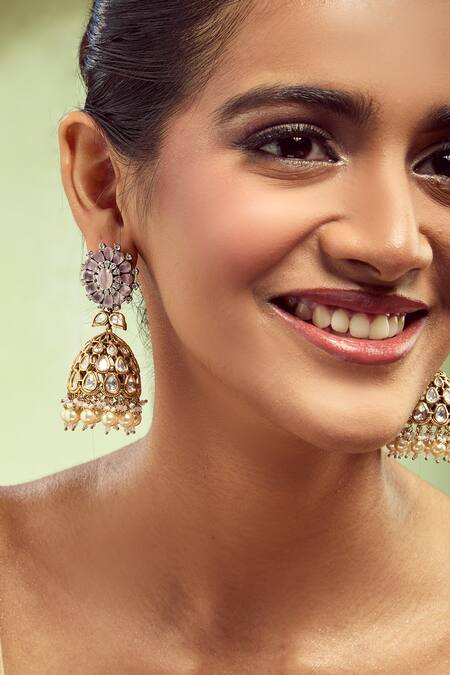 Shop Nazaakat By Samara Singh Purple Pearls, Stones And White Dangler Earrings Online at Aza Fashions Shop_Nazaakat By Samara Singh_Purple Pearls, Stones And White Dangler Earrings _Online_at_Aza_Fashions