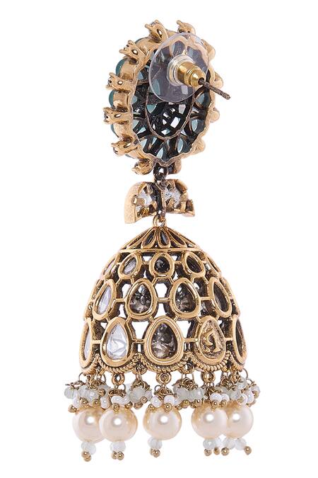 Nazaakat By Samara Singh_Aqua Pearls, Stones And White Dangler Earrings_at_Aza_Fashions