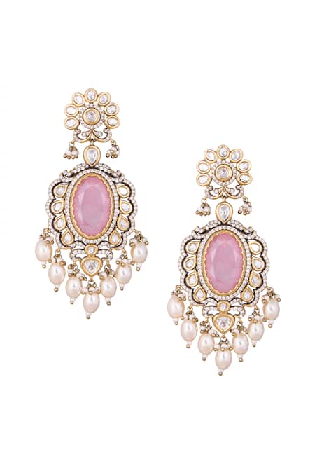 Shop_Nazaakat By Samara Singh_Pink Pearls, Stones And Gold Dangler Earrings _at_Aza_Fashions