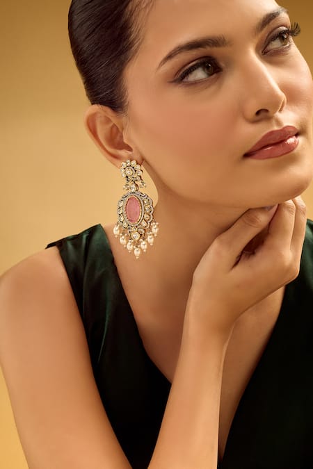 Buy_Nazaakat By Samara Singh_Pink Pearls, Stones And Gold Dangler Earrings _Online_at_Aza_Fashions