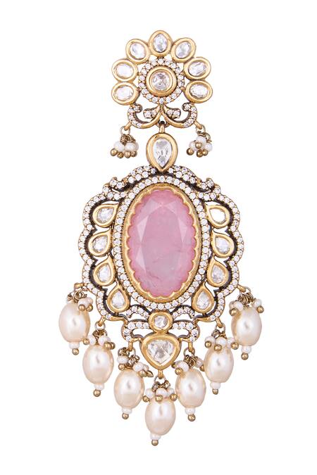 Shop_Nazaakat By Samara Singh_Pink Pearls, Stones And Gold Dangler Earrings _Online_at_Aza_Fashions