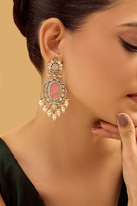 Nazaakat By Samara Singh_Pink Pearls, Stones And Gold Dangler Earrings _at_Aza_Fashions