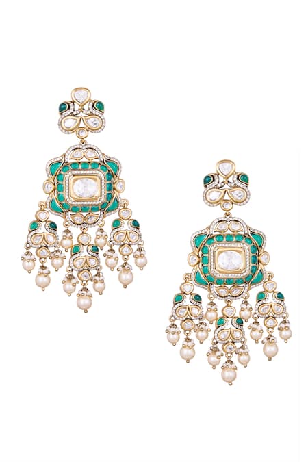 Shop Nazaakat By Samara Singh Green Pearls Brass Dangler Earrings at Aza Fashions Shop_Nazaakat By Samara Singh_Green Pearls Brass Dangler Earrings _at_Aza_Fashions
