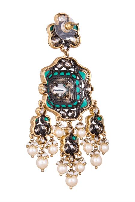 Nazaakat By Samara Singh Green Pearls Brass Dangler Earrings Online at Aza Fashions Nazaakat By Samara Singh_Green Pearls Brass Dangler Earrings _Online_at_Aza_Fashions