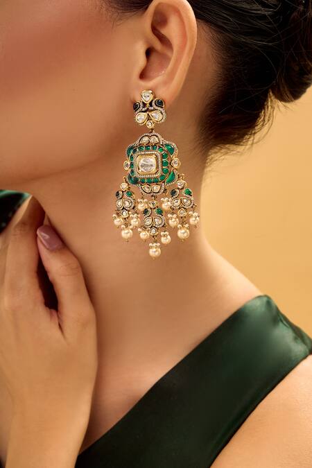 Buy Nazaakat By Samara Singh Green Pearls Brass Dangler Earrings Online at Aza Fashions Buy_Nazaakat By Samara Singh_Green Pearls Brass Dangler Earrings _Online_at_Aza_Fashions