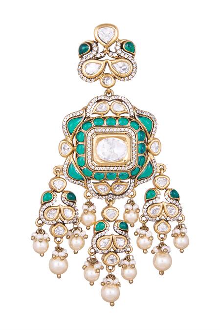 Shop Nazaakat By Samara Singh Green Pearls Brass Dangler Earrings Online at Aza Fashions Shop_Nazaakat By Samara Singh_Green Pearls Brass Dangler Earrings _Online_at_Aza_Fashions