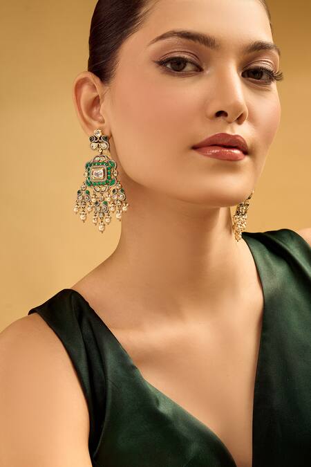 Nazaakat By Samara Singh Green Pearls Brass Dangler Earrings at Aza Fashions Nazaakat By Samara Singh_Green Pearls Brass Dangler Earrings _at_Aza_Fashions