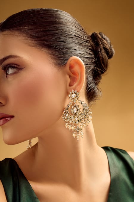 Nazaakat By Samara Singh_White Stones, Pearls And Gold Dangler Earrings _Online_at_Aza_Fashions