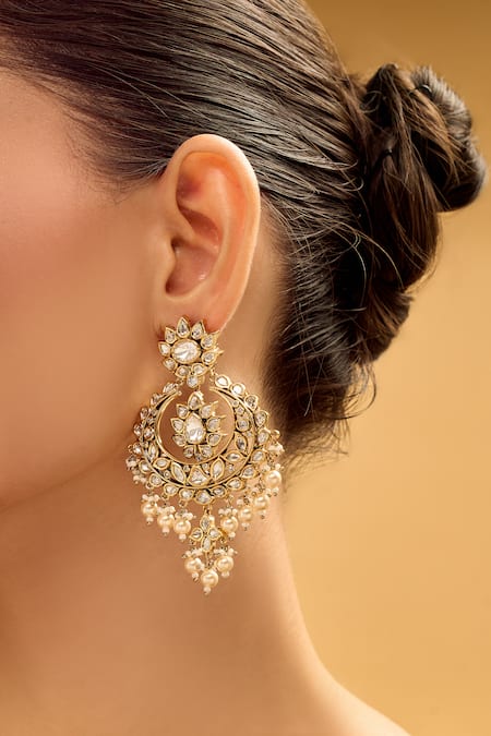 Shop_Nazaakat By Samara Singh_White Stones, Pearls And Gold Dangler Earrings _Online_at_Aza_Fashions
