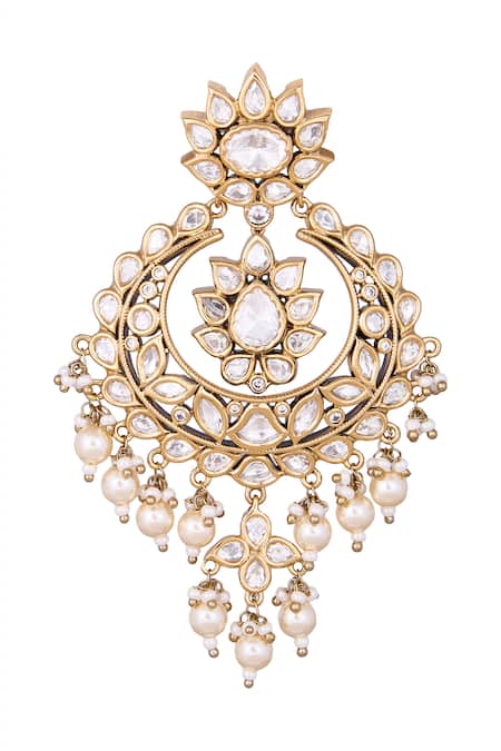 Nazaakat By Samara Singh_White Stones, Pearls And Gold Dangler Earrings _at_Aza_Fashions