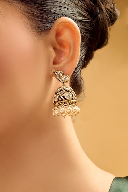 Nazaakat By Samara Singh_White Pearls Gold Jhumka Earrings With Drops _Online_at_Aza_Fashions
