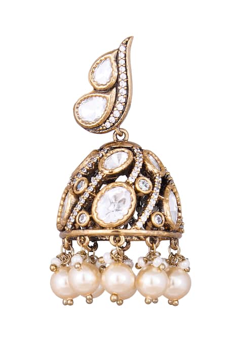 Nazaakat By Samara Singh_White Pearls Gold Jhumka Earrings With Drops _at_Aza_Fashions